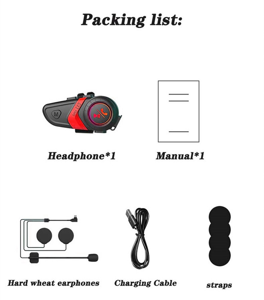 Anti-Jamming Motorcycle Helmet Bluetooth Headset Accessories W/Charging Cable