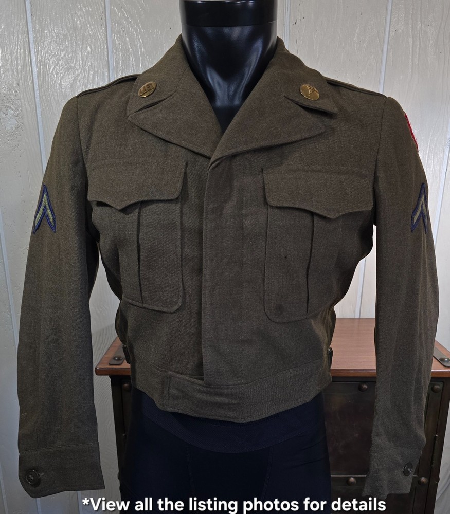 Vintage WWII US Army Ike Jacket Patches Wool Uniform Jacket Sz 36S **Notes