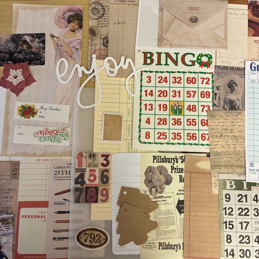 Christmas/Vtg Style Ephemera Holder + 50 Pcs Ephemera + Mini Collaged Notebook