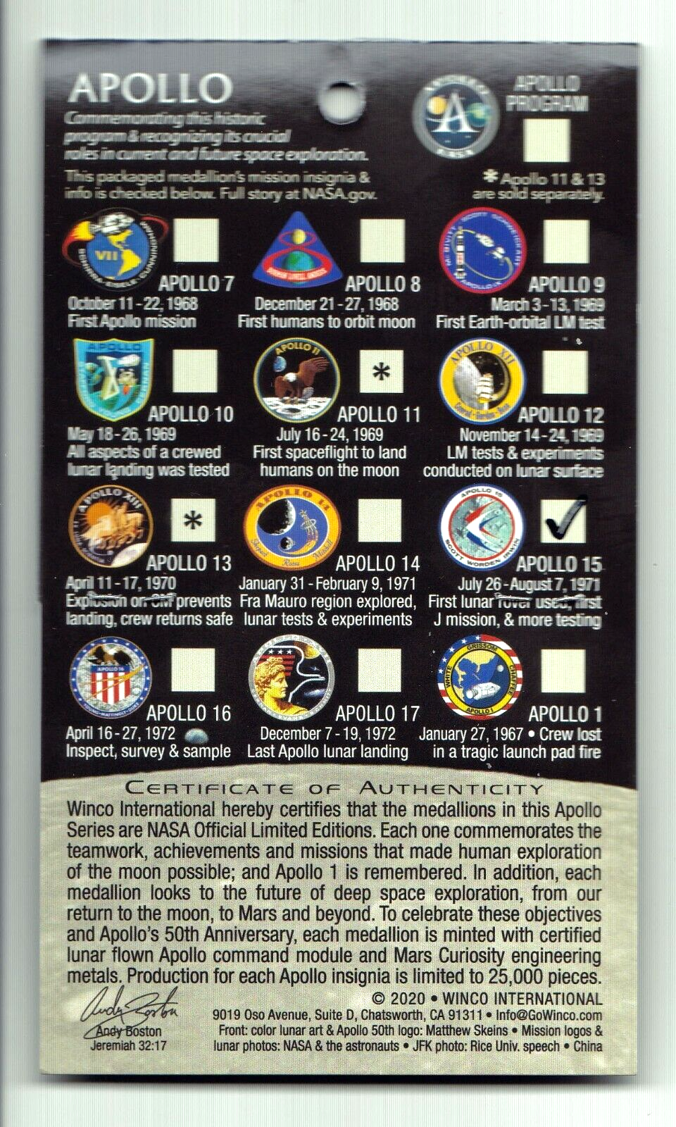 APOLLO-14 - 50th Anniversary - LUNAR FLOWN METAL - NASA MEDALLION - COA - MINT