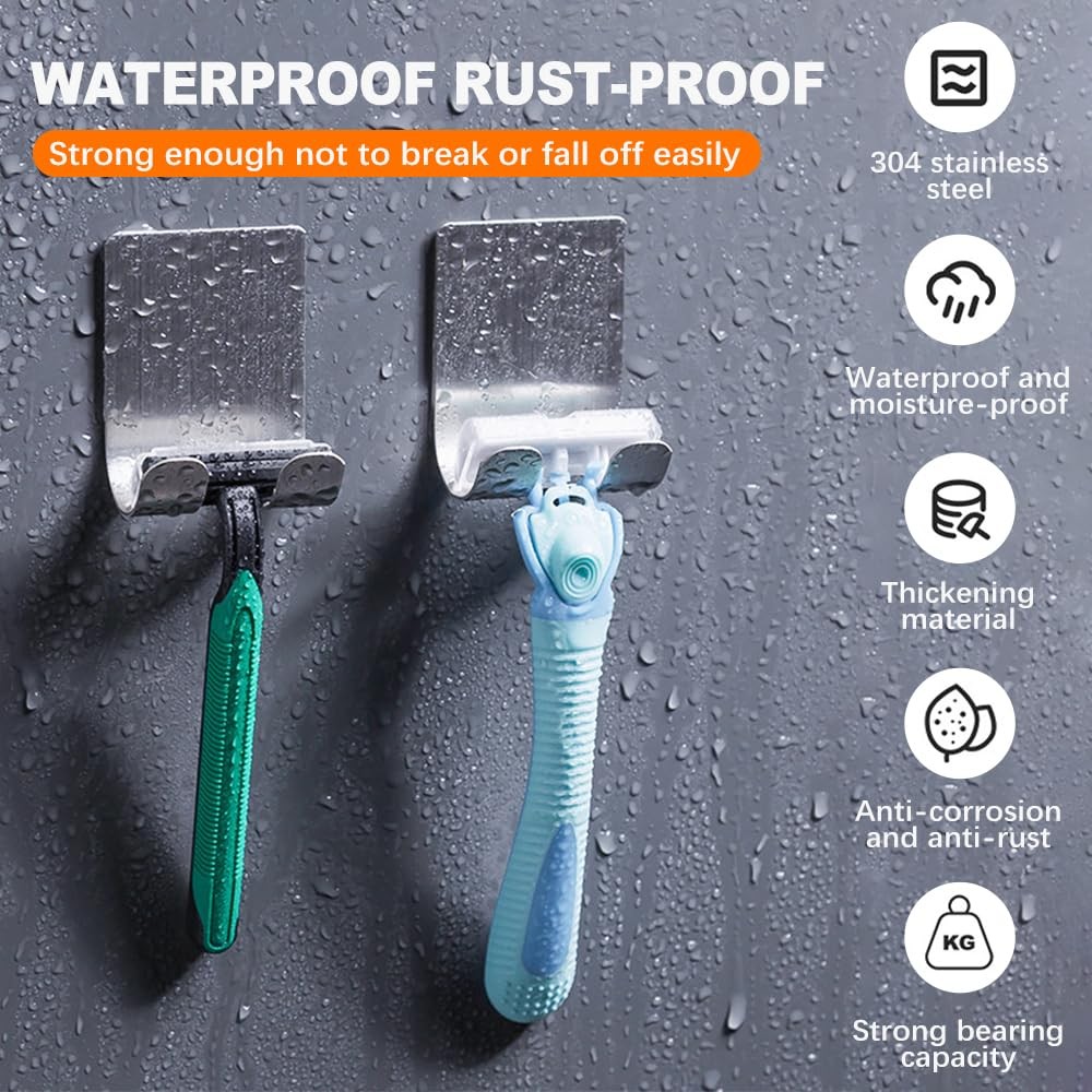 2-Pack Razor Holder For Shower + Adhesive Wall Hooks, 304 Silver
