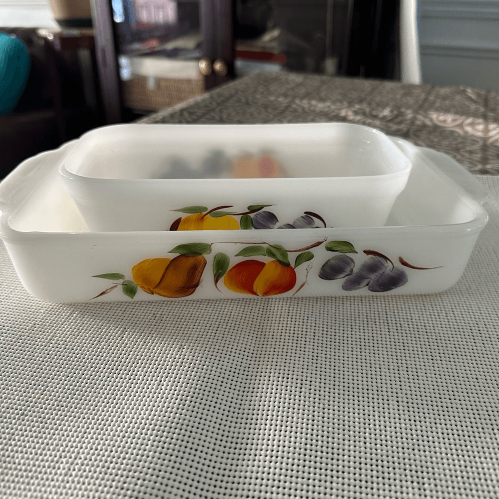 Anchor Hocking FIRE KING 2 pc Loaf Pan & Rectangular Peach Blossom Dish Vintage