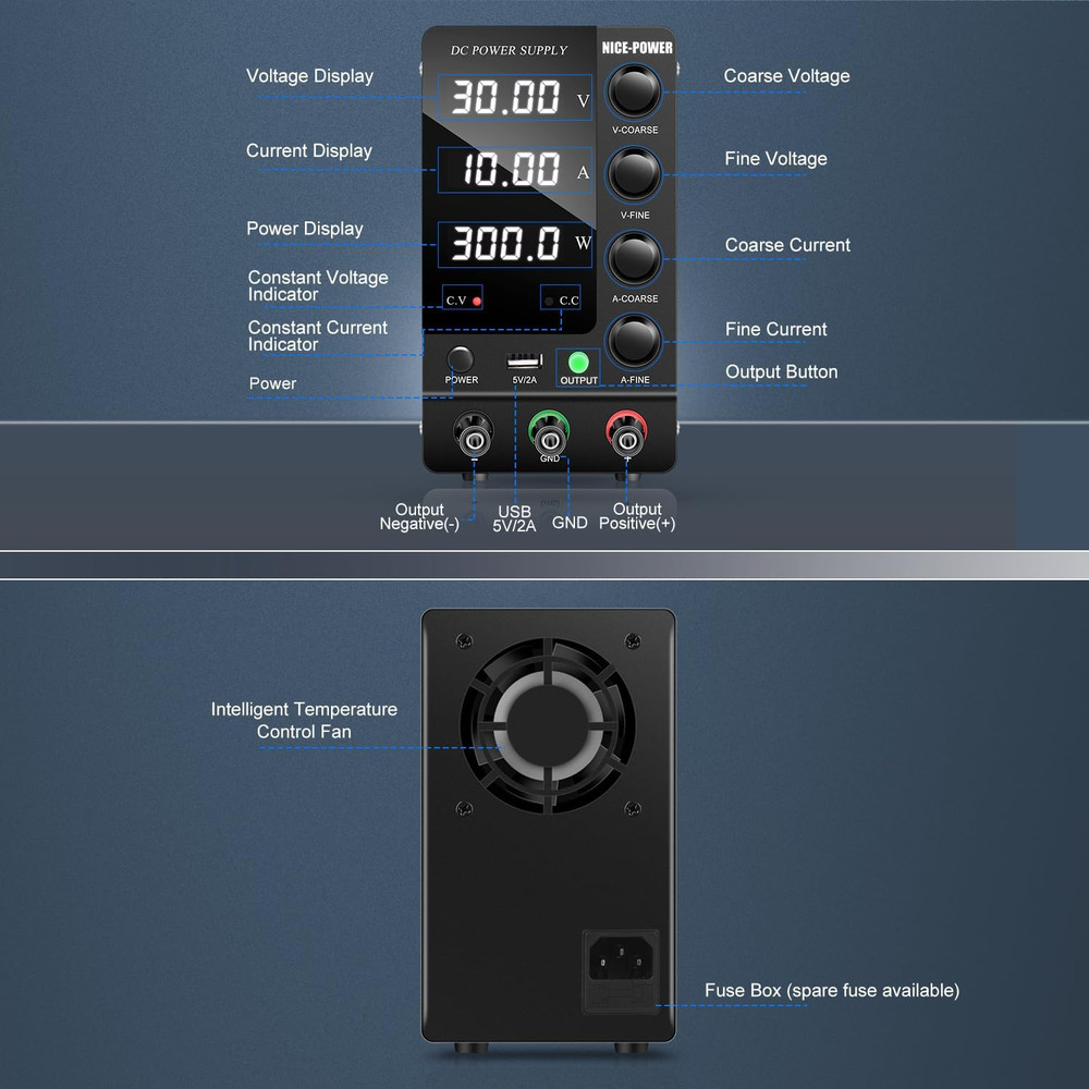 DC Power Supply Variable 30V 10A, Adjustable Switching Regulated DC Bench Power