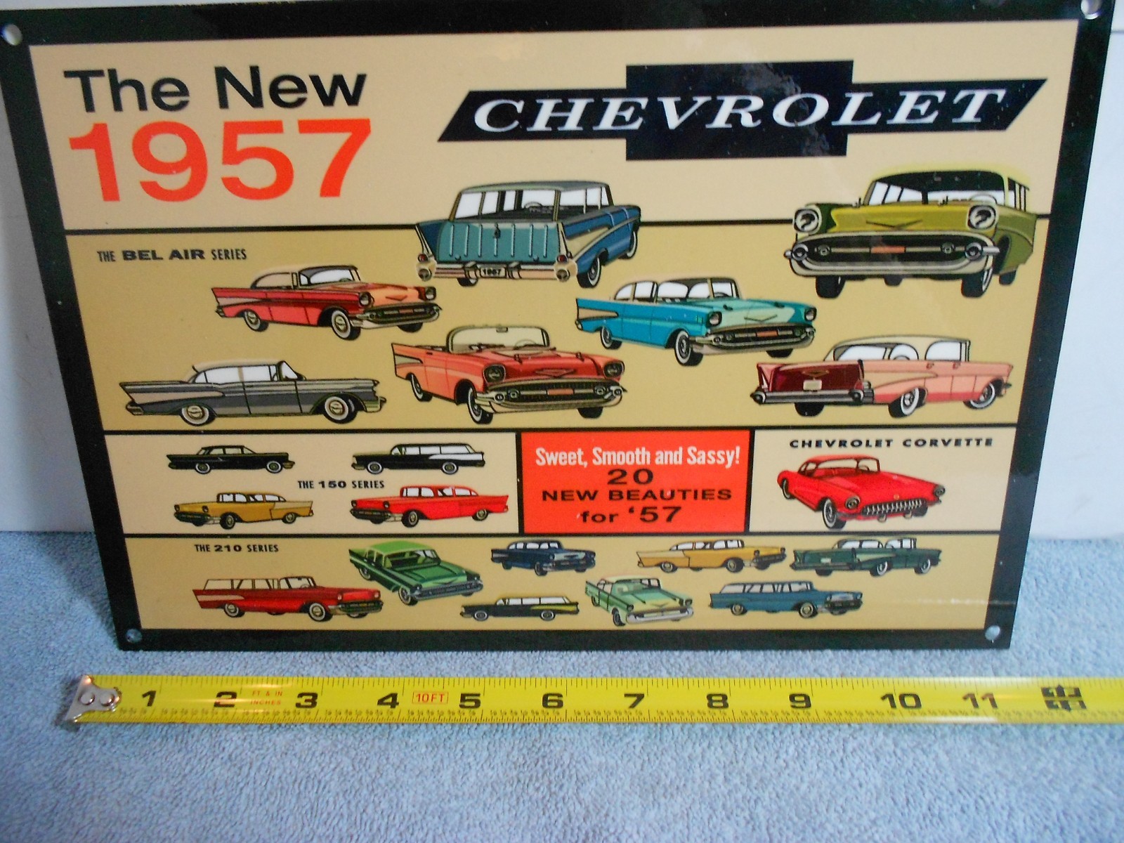 VINTAGE 12x8 in CHEVROLET NEW BEAUTIFUL 1957 CHEVY`S ADV SIGN HEAVY METAL -825 A