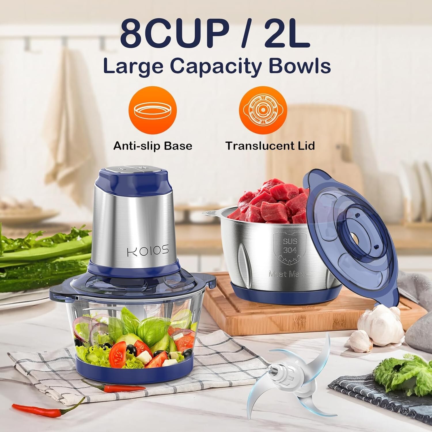 KOIOS 500W Powerful Electric Food Processor Kitchen Food Chopper Blender 8 Cups