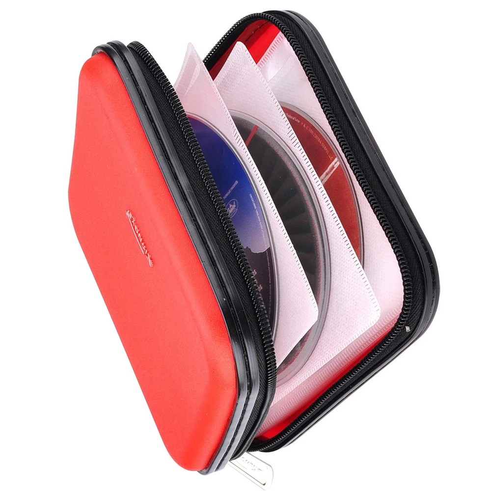 32 Capacity CD/DVD Wallet, Hard Shell Case, Portable Disk Storage for Car, Red