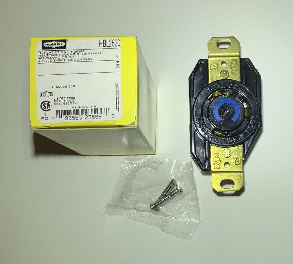 🔥 Hubbell 2620A Twist Lock Receptacle, 2 Pole 3 Wire, Locking, 30A, 250V