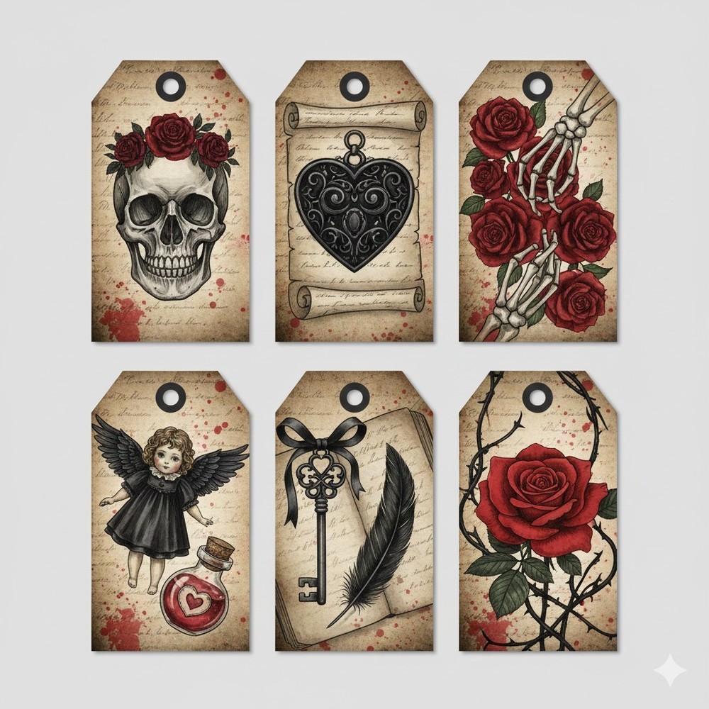 Set Gothic Love Tags Junk Journal Scrapbook PICK ONE SET
