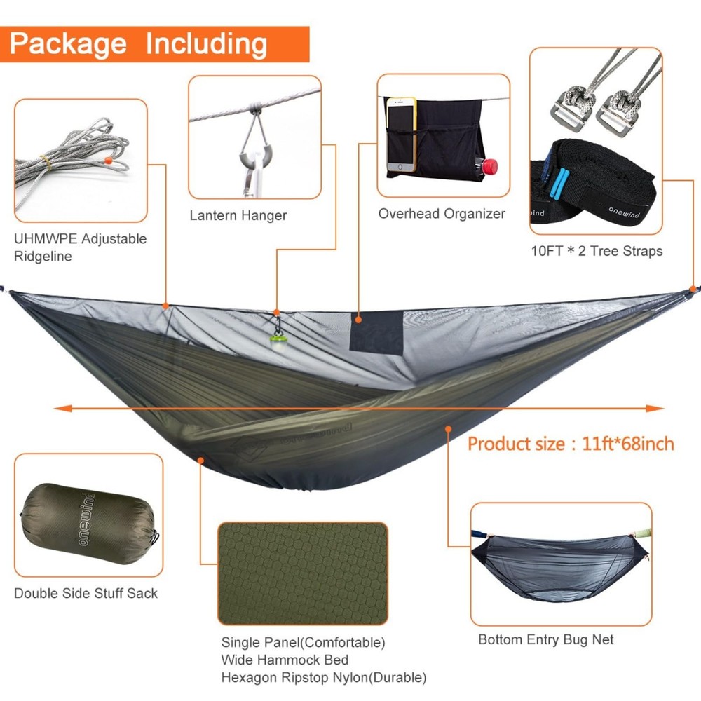 onewind 11ft Camping Hammock with Bugnet, Portable Double 11ft, Od Green