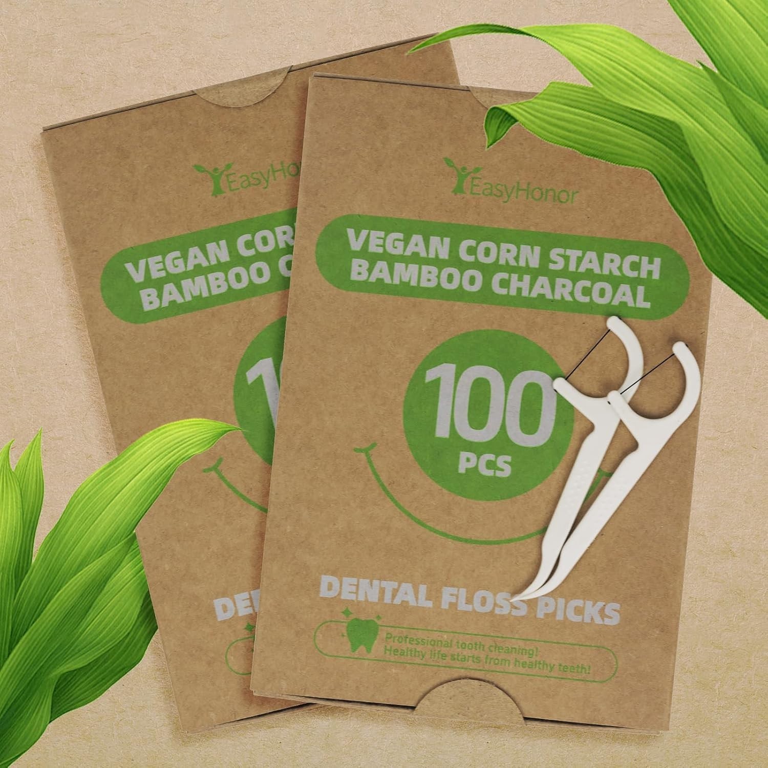 EasyHonor Organic Dental Floss Picks - Natural Biodegradable Floss Sticks with S