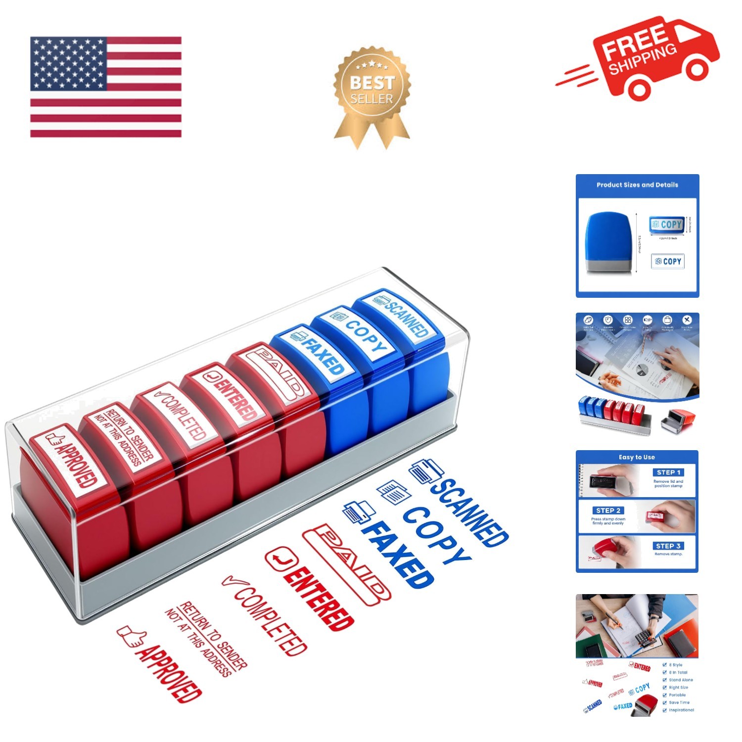 8PCS Office Stamps Set, Paid Scanned Approved Copy Faxed Completed Entered Re...