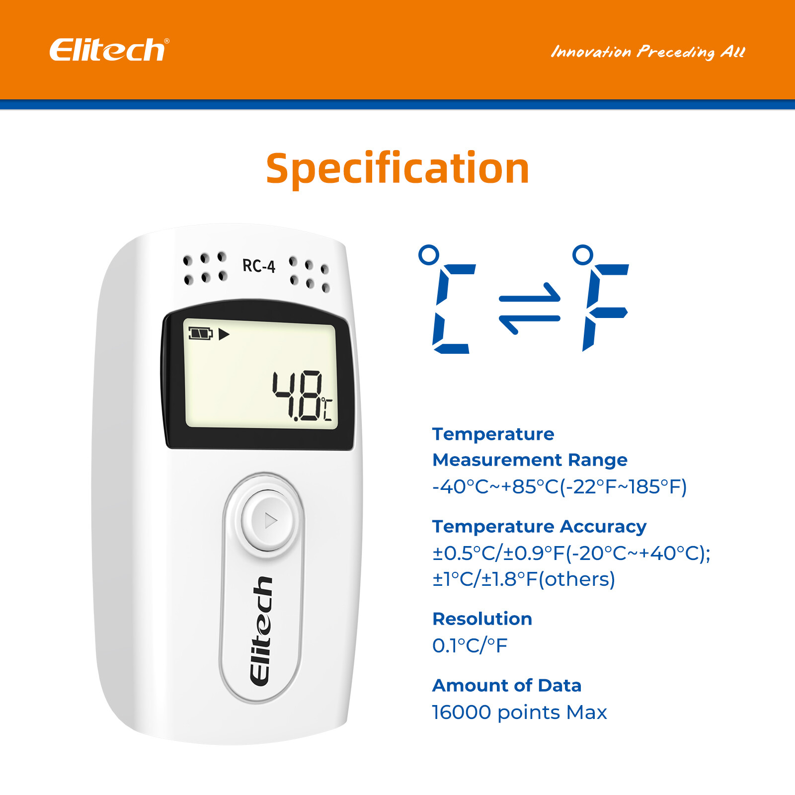Elitech RC-4 Temperature Data Logger USB Temperature Recorder w/ External Probe