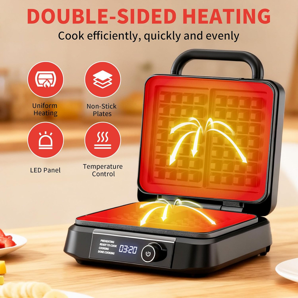 Waffle Maker, 1200W Belgian Waffle Maker, Dual Rectangular Thick Waffle Iron, 7-