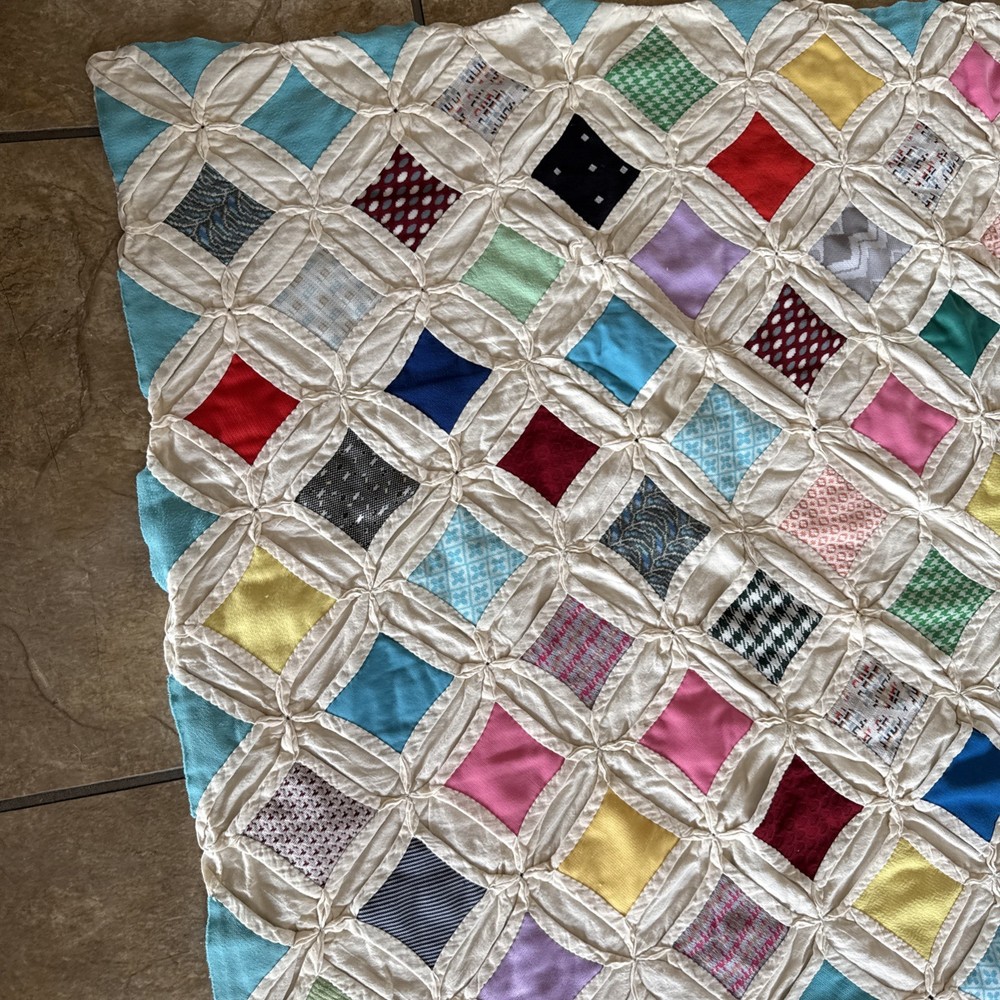 Vtg Cathedral Window Pattern Multicolored Quilt Handmade 80” X 49” Needs Work