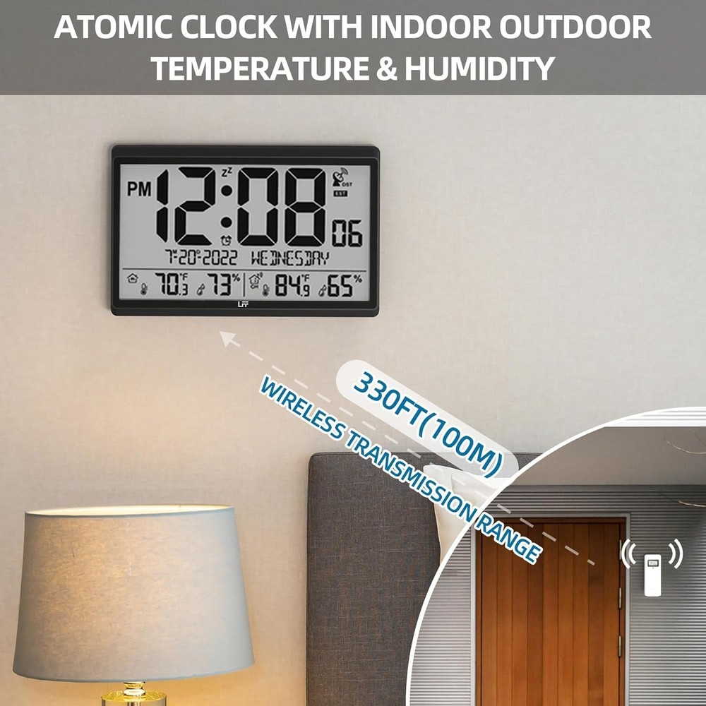 Atomic Wall Clock, 15" Large Display, Temp/Humidity, Wireless Sensor, Easy Read