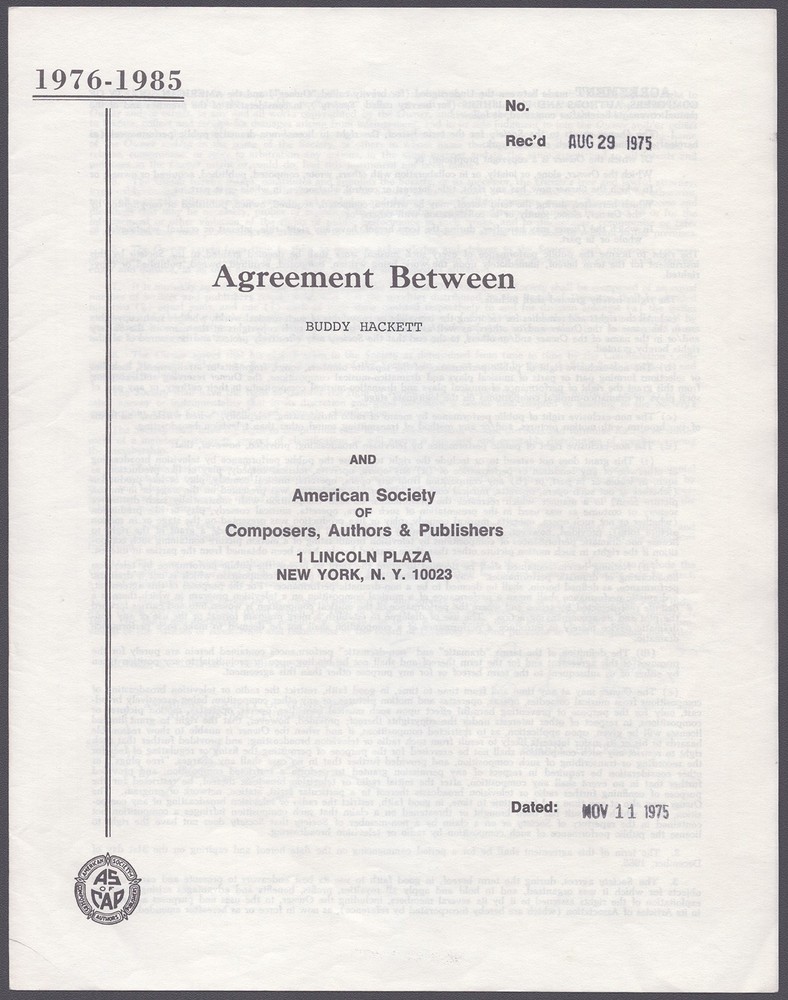 BUDDY HACKETT - DOCUMENT SIGNED 11/11/1975