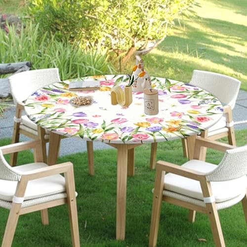 Spring Summer Easter Round Fitted Tablecloth with Elastic Edge Tulip Lavender