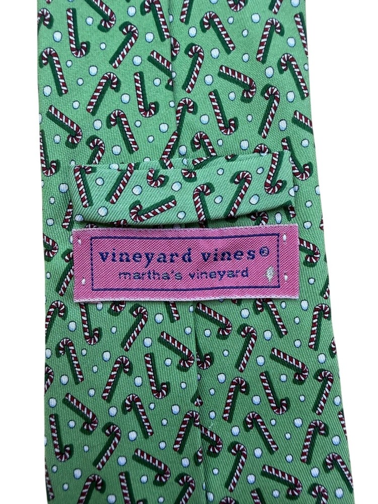 Vineyard Vines Mens Green Silk Candy Cane Patterned Tie