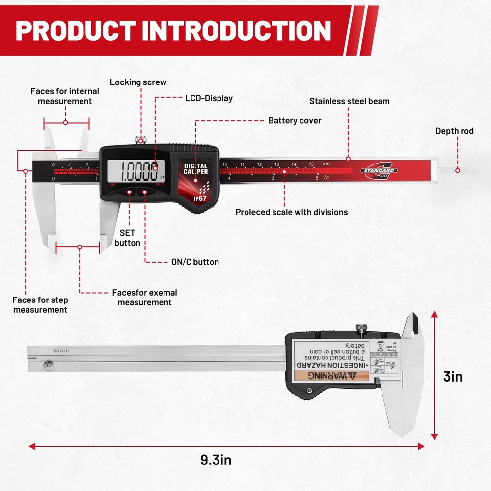 Standard Gage IP67 Digital Caliper Measuring Tool 0-6" Range, ±0.001" Accuracy