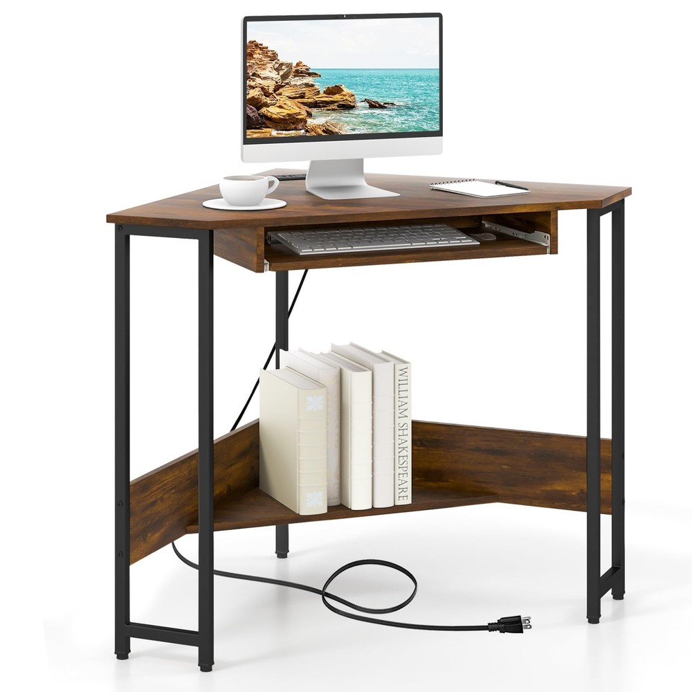Corner Desk, Triangle Computer Desk with Power Outlets, Small Desk for Small ...