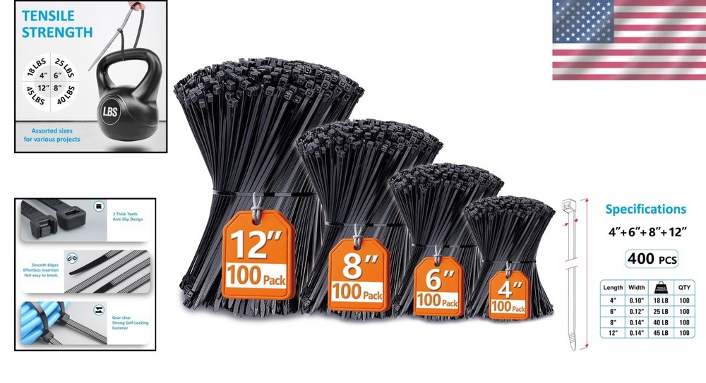Black Zip Ties Assorted Sizes 4”+6”+8”+12” - 400 Pack, UV Resistant Durability