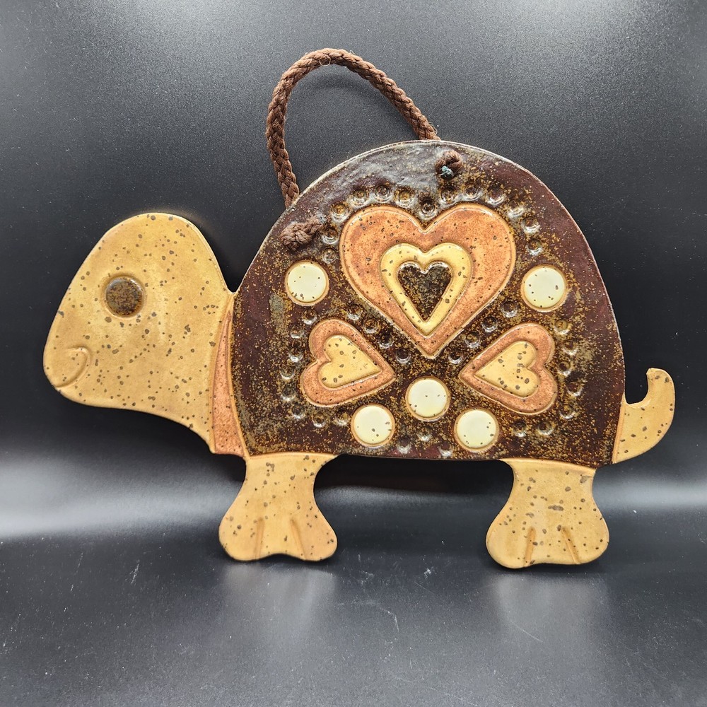 Vintage Ceramic Turtle Wall Hanging with Hearts Pattern