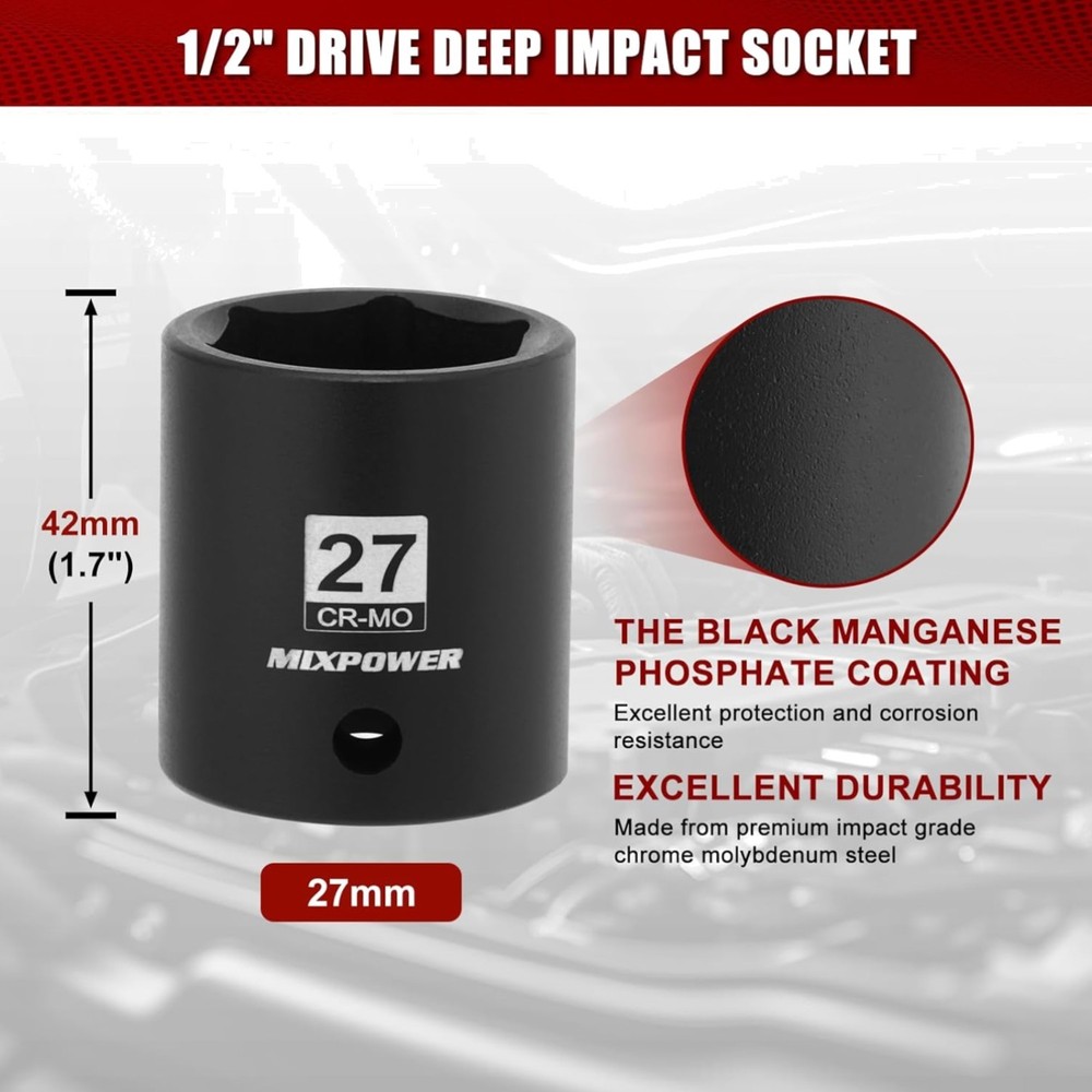 1/2" Drive Shallow Impact Socket, CR-MO, 27mm, 6 Point, Radius Corner Design,...