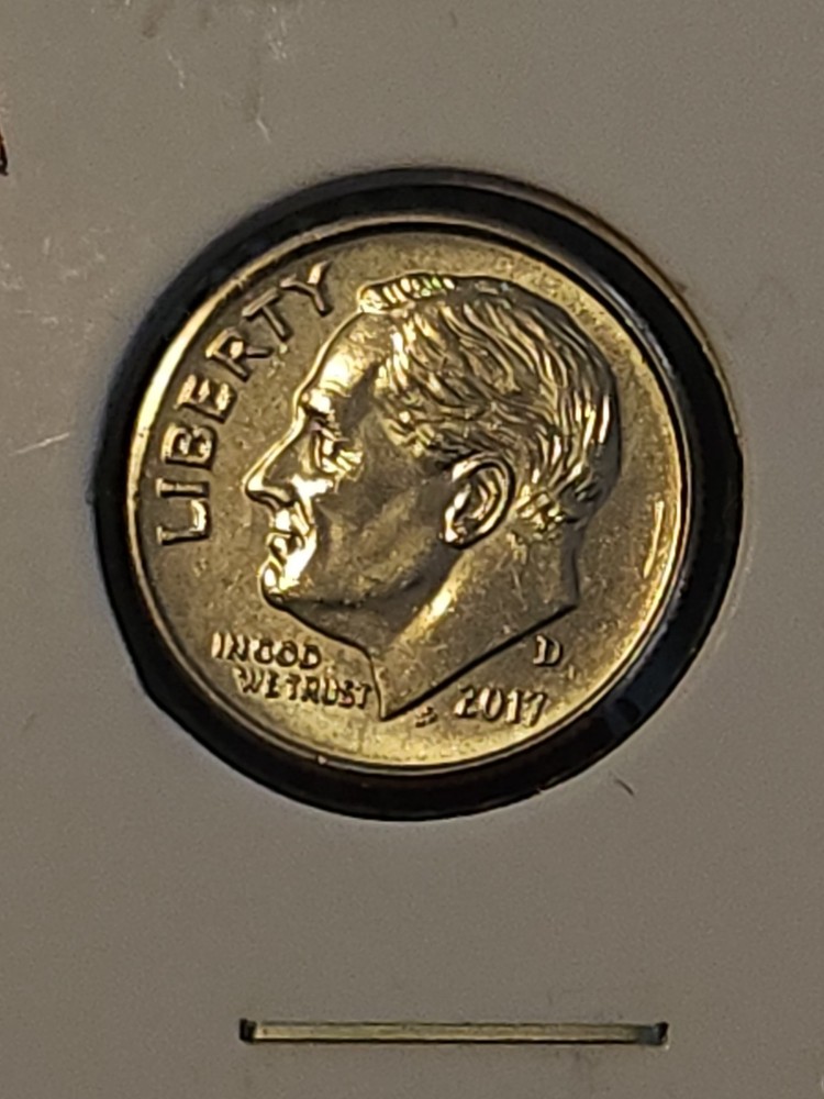 2017 D Roosevelt Dime. BU = Brilliant Uncirculated.