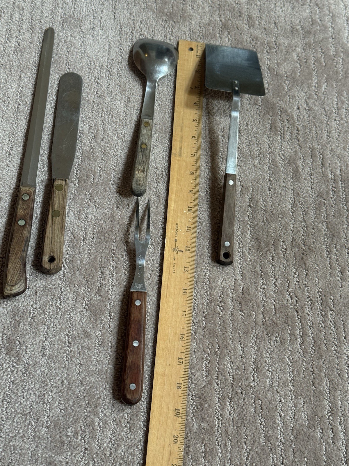 Lot 12 Utensils w/ Wooden Handles Stainless Helco Flint Blue Ribbon Japan USA