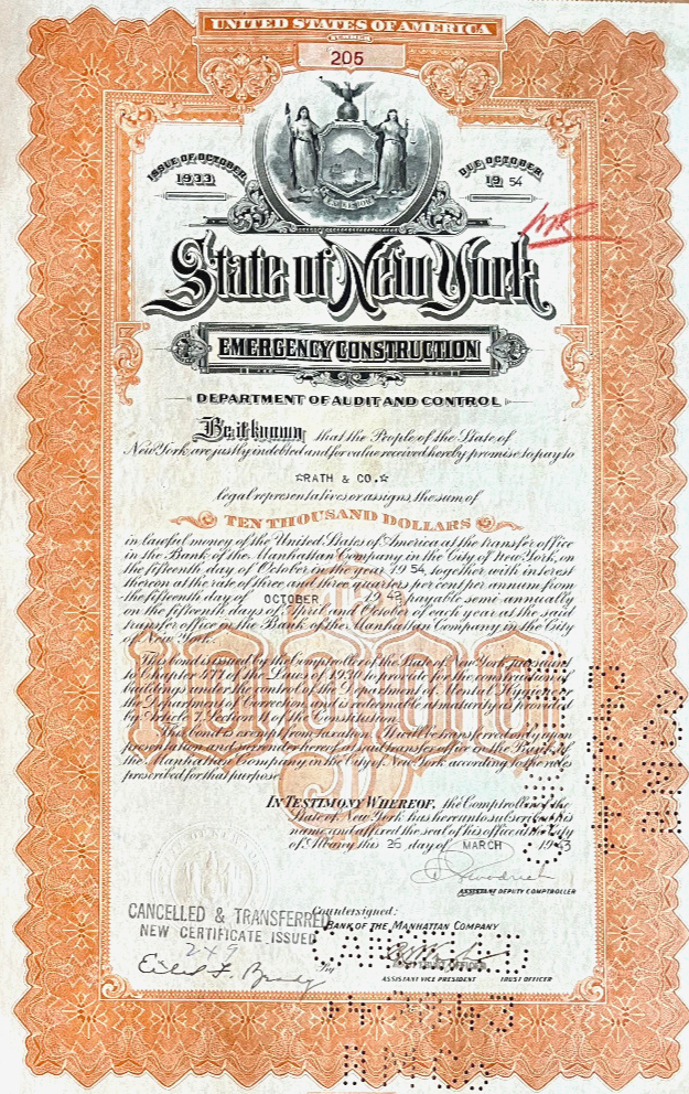 Emergency Construction 1943 State of New York $10,000 bond certificate