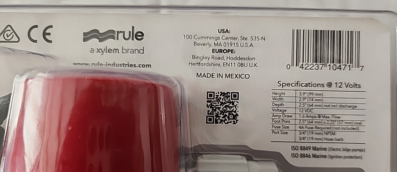 Rule 500 GPH Bilge Pump 12V 25DA