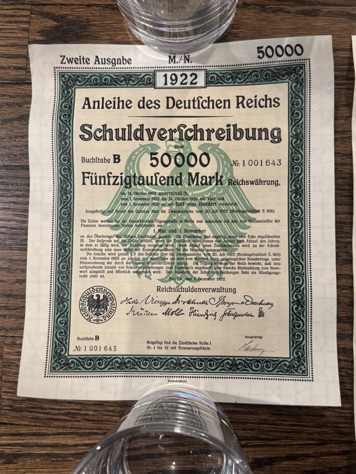 GERMANY Weimar Republic 1922 Berlin German Treasury Bond w/ Coupons 50,000 Mark