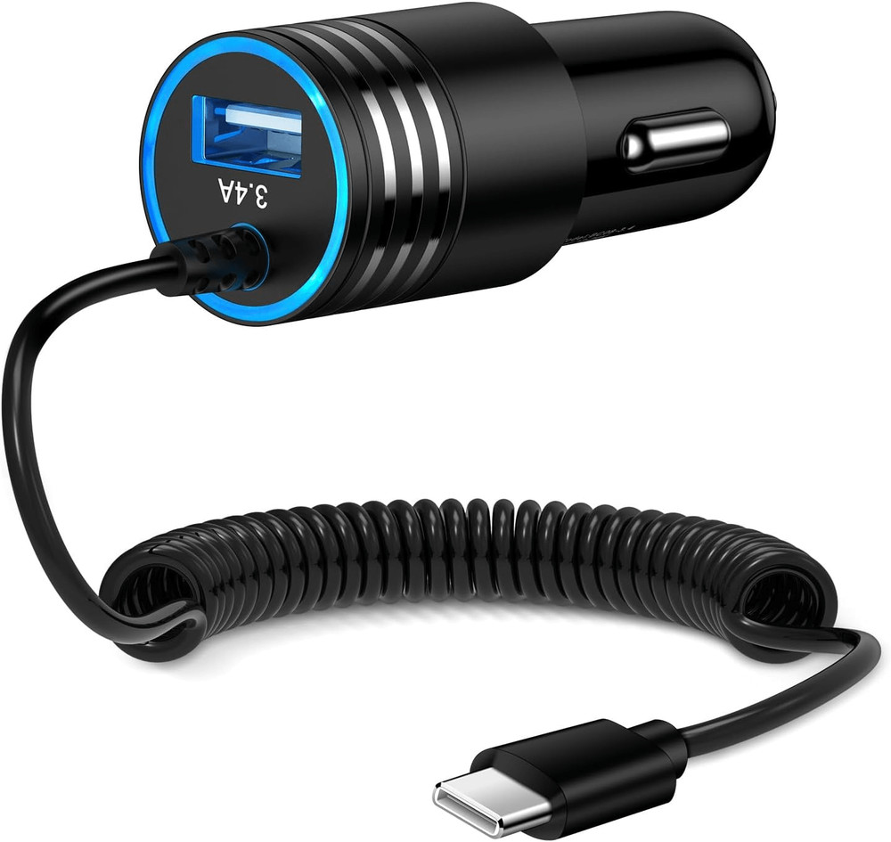 Android Car Charger Fast Charging Type C Coiled Cord, USB C Cigarette Lighter Ad