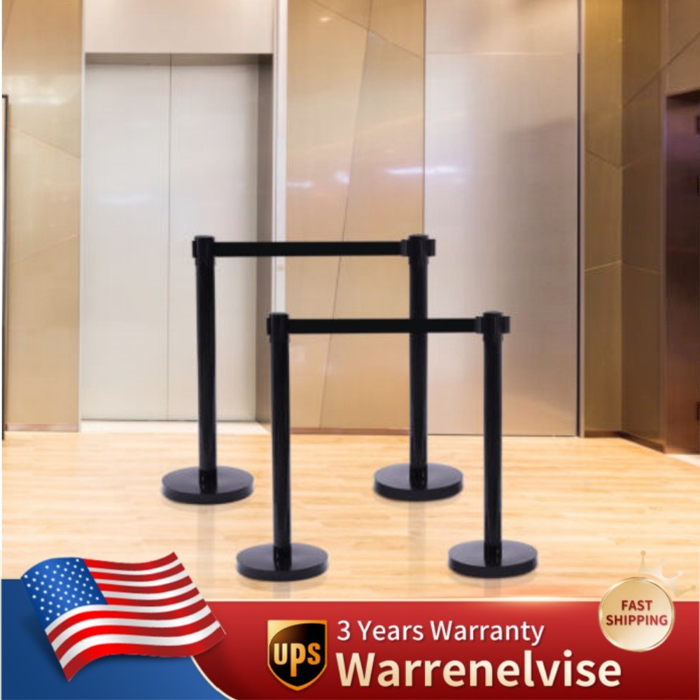 4pcs Stanchion Post Crowd Control 2 Retractable Belts, With Rubber Ring Base