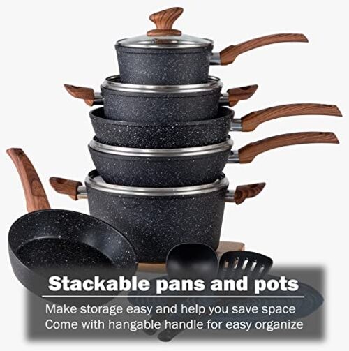 Induction Cookware Sets - 12 Piece Cooking Pan Set, 12 PCS Cookware Set Black