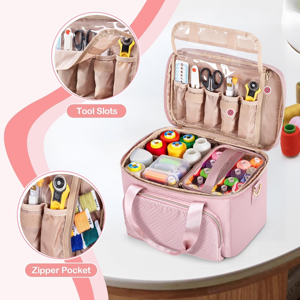 Pink Large Double-Layer Sewing Storage Organizer Bag Detachable Compartment