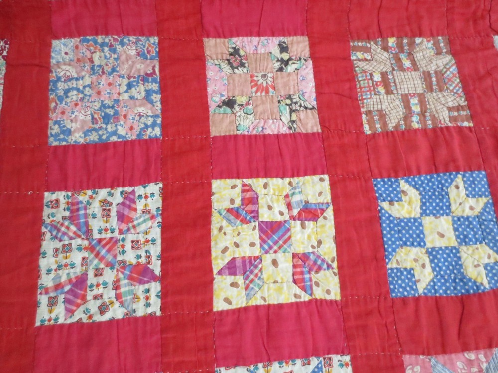 ANTIQUE Modified CROSS & CROWN Cotton PATCHWORK QUILT w/Red Borders - 69" x 84"