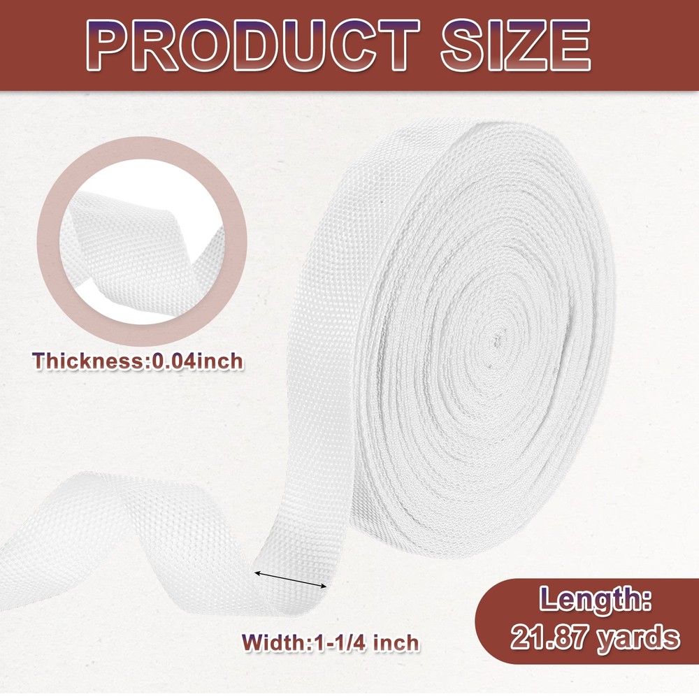 Nylon Webbing Strap, 22 Yards x 1-1/4" Polypropylene Flat Webbing Strap (White)