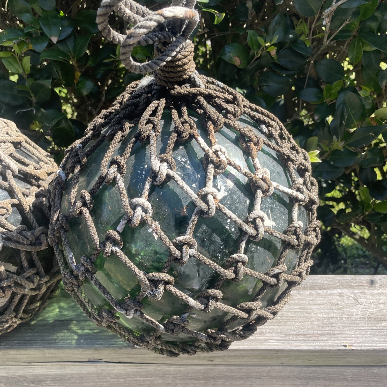 Japanese Large Glass Fishing Float Buoy Ball Net Vintage, Green