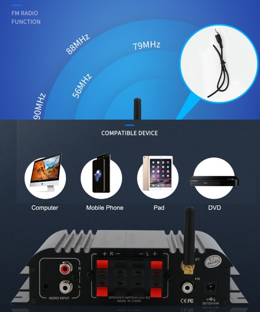 45W 4 Channel Bluetooth Stereo Amplifier Speaker with USB SD Remote Control