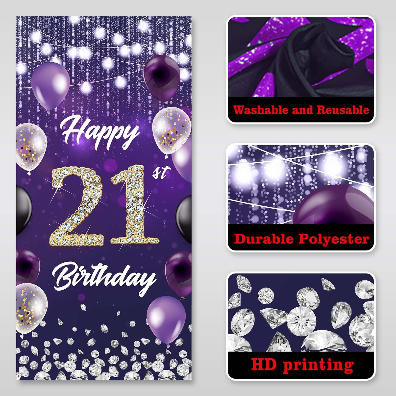 Happy 21st Birthday Backdrop Banner Purple Theme Background with Shiny Diamon...