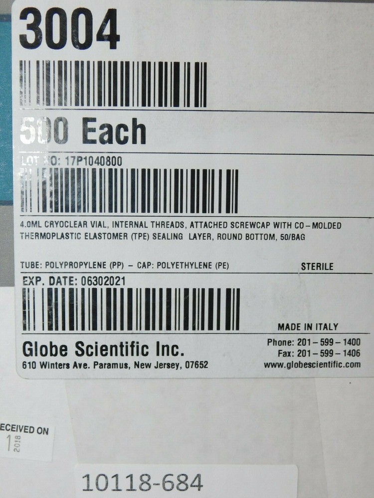 3400 GLOBE SCIETIFIC CRYOCLEAR BARCODED CRYOGENIC TUBES 4.0ML CASE/500 STERILE