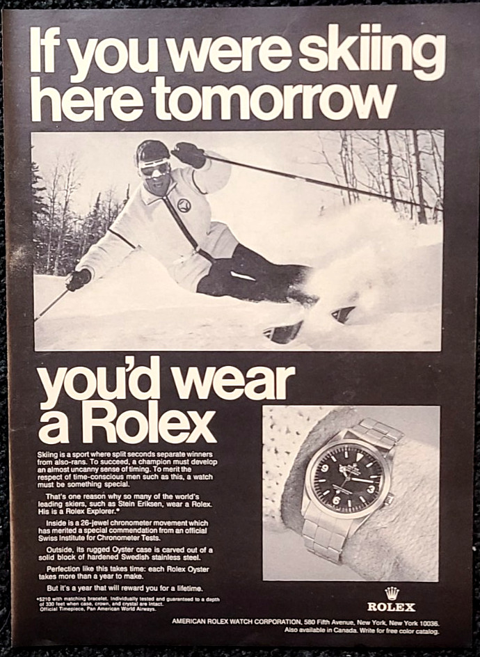 Rolex Explorer Original 1969 Vintage Print Ad Wall Art Skiing
