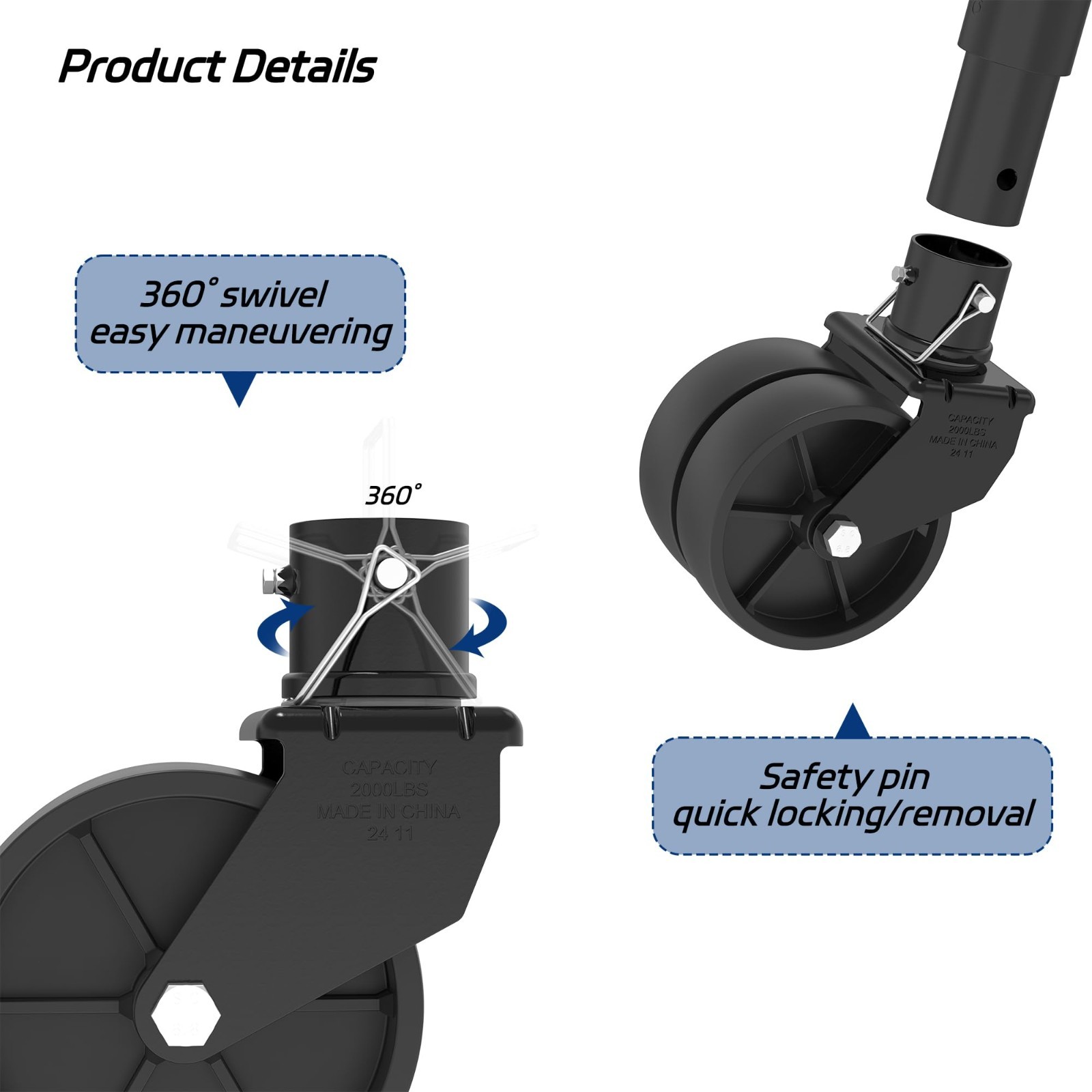 2000lbs Dual 6" Trailer Jack Swivel Caster, Wheel Replacement with Pin for RV