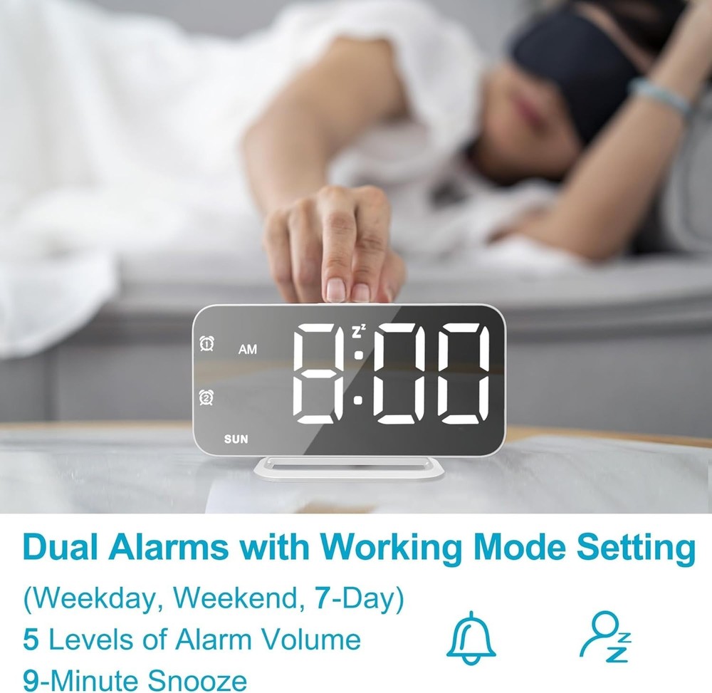 Slim LED Digital Alarm Clock, Mirror Surface for Makeup, with Diming, Large D...