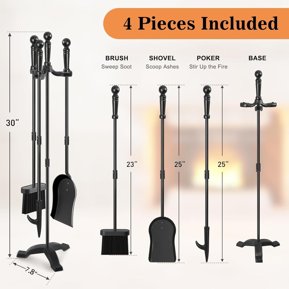 Fireplace Tools Set 4 Pcs 30 Inch Black Wrought Iron Large Fire Tool Set