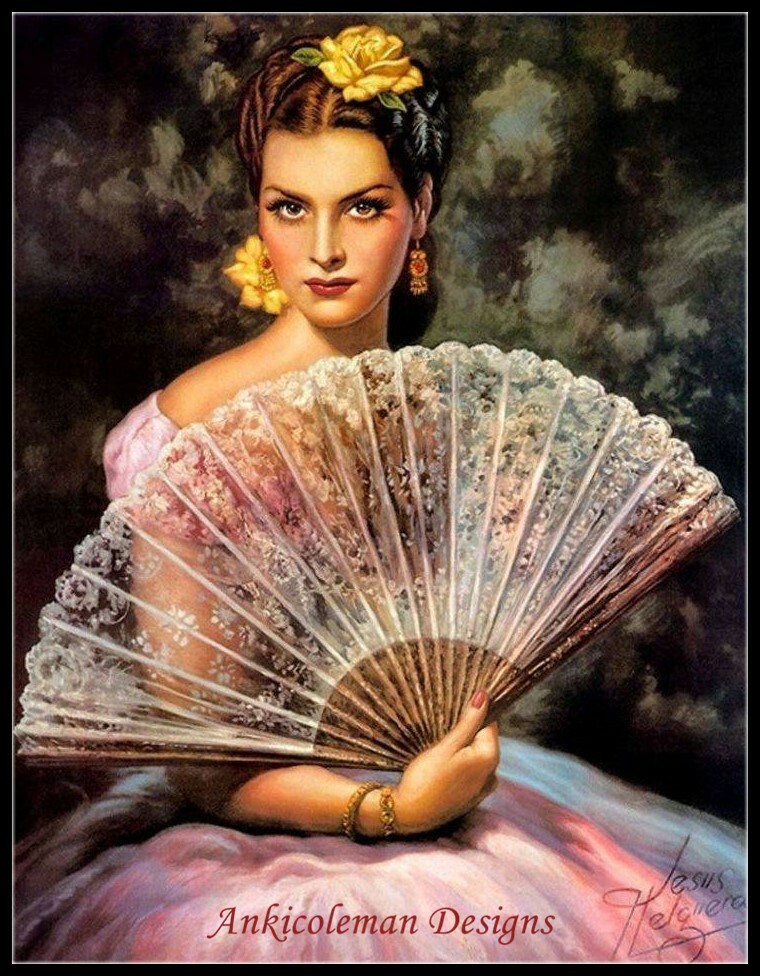 A Lady with a Big Fan - DIY Chart Counted Cross Stitch Patterns Needlework DMC