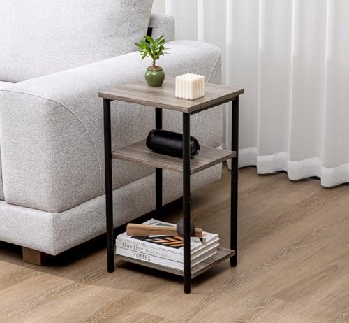 End Table 3-Tier, Small Side Table Nightstand with Storage 1-Pack Modern Grey