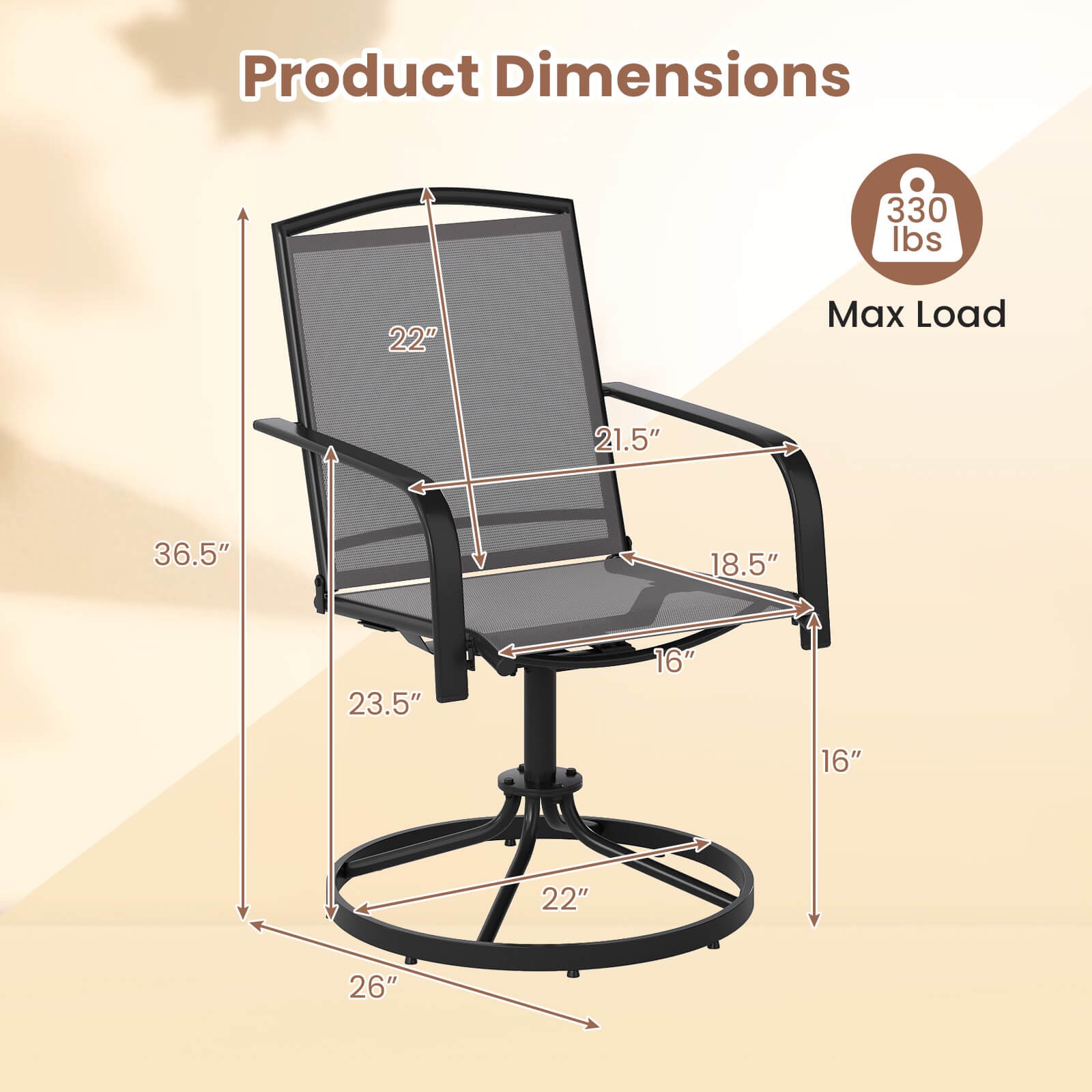 Patio Swivel Chairs Set of 2 w/ High Back & Round Metal Base for Backyard