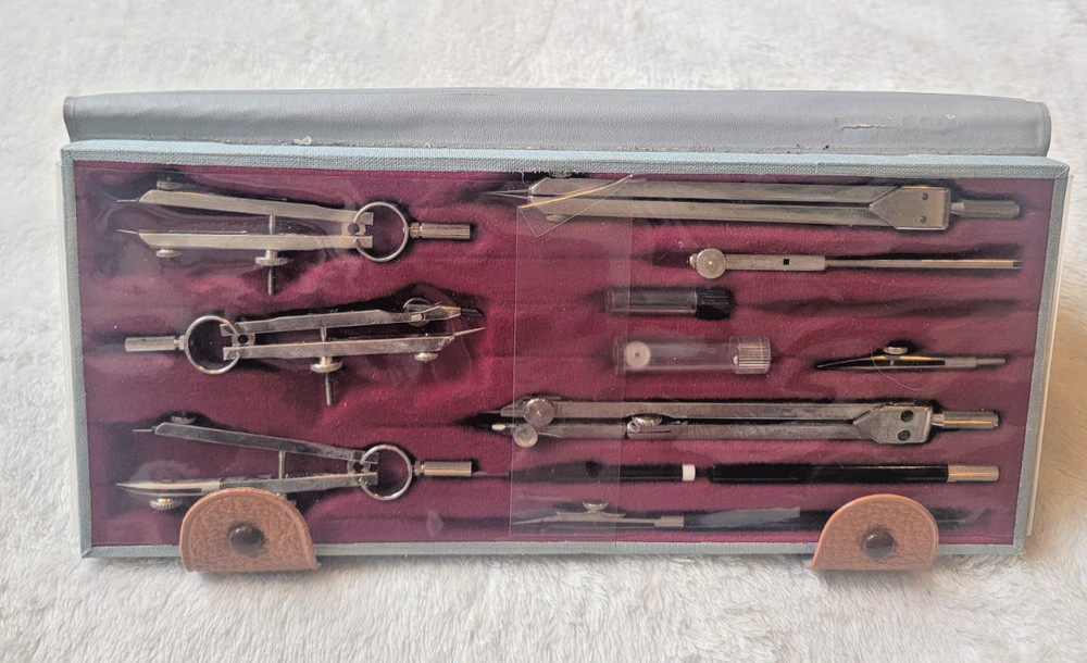 Tacro Vintage Drafting Tool Drawing Set With Case 2227 Engineering Set Compass